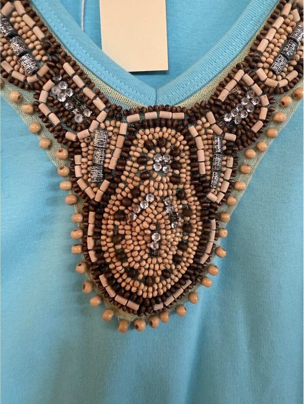 tasha polizzi turquoise three-quarter sleeve shirt with beads Sz.L - Picture 3 of 5